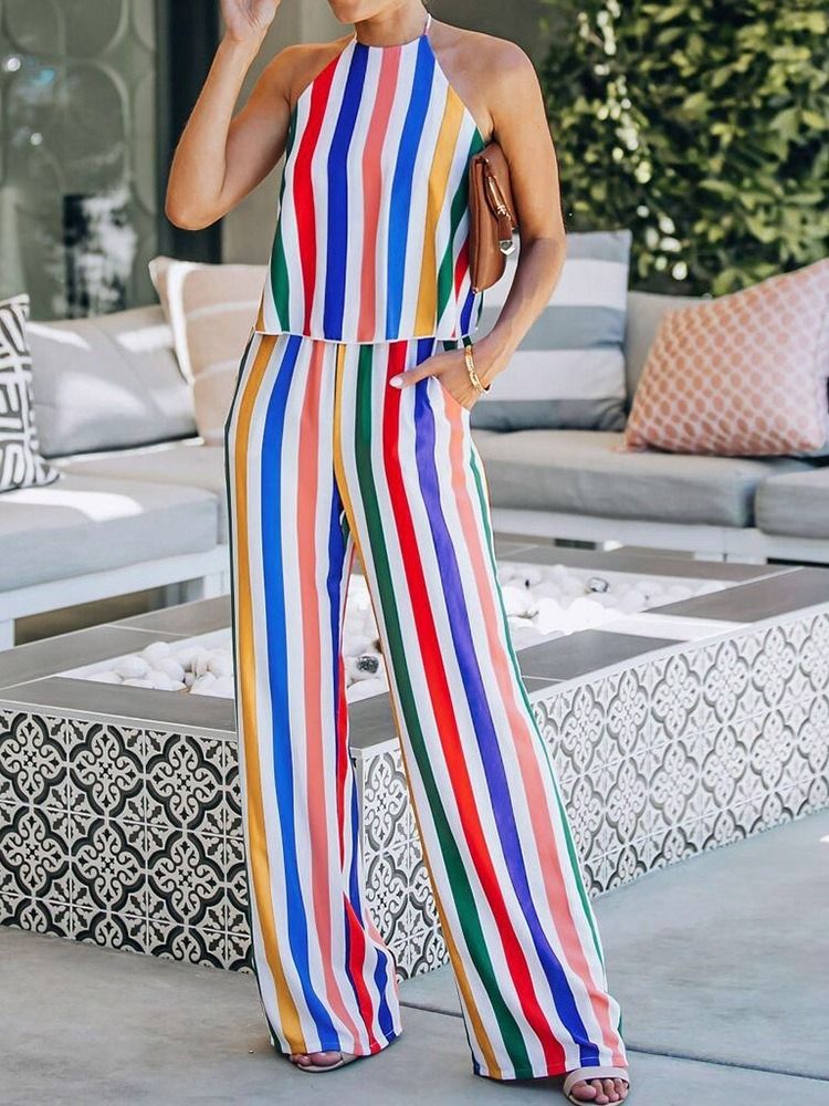 Stripe Ladylike Jumpsuit For Kvinner I Full Lengde Med Rett Midje