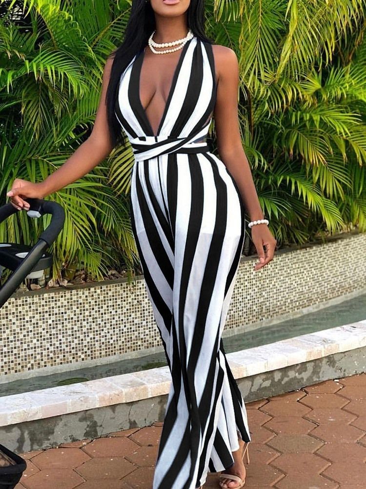 Stripe Sexy Full Lengde Løse Brede Ben Jumpsuit