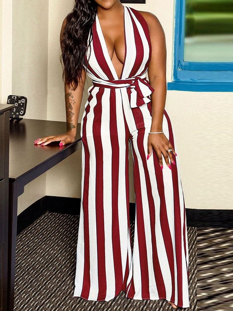 Stripe Sexy Full Lengde Løse Brede Ben Jumpsuit