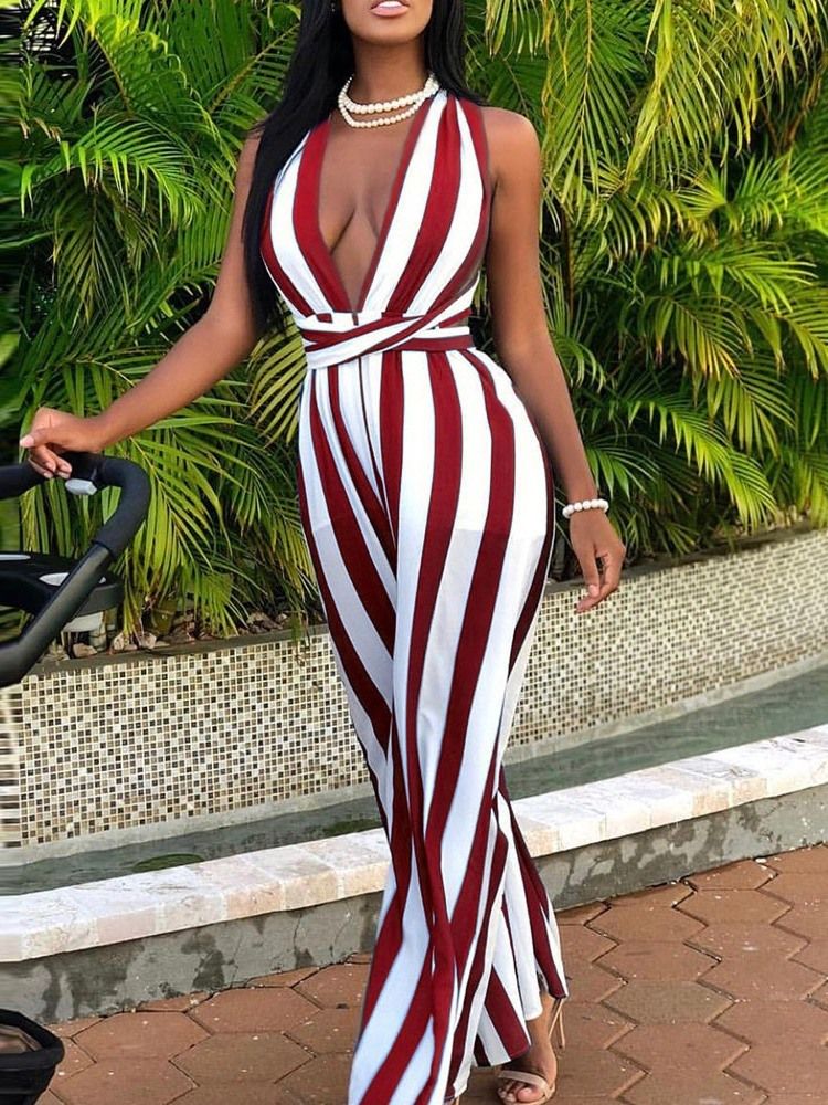 Stripe Sexy Full Lengde Løse Brede Ben Jumpsuit