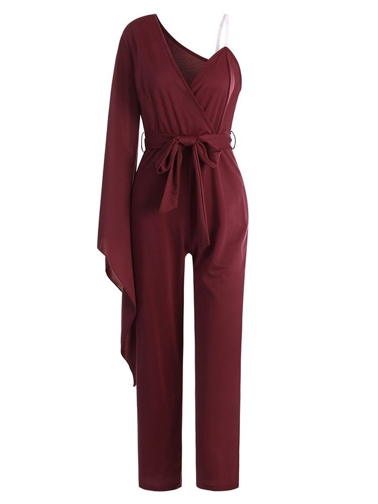 Svart Burgundblå Asymmetrisk Full Lengde Vanlig Slank Jumpsuit Med Høy Midje