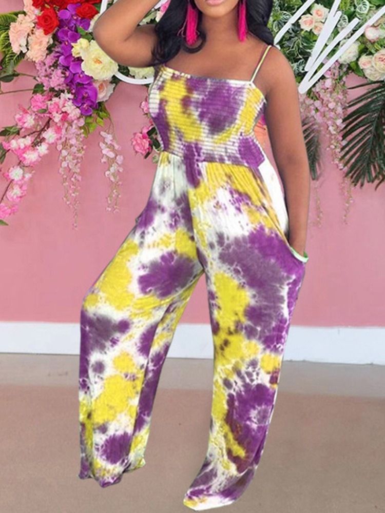 Tie-Dye Full Lengde Color Block Slim Mid Waist Jumpsuit For Kvinner