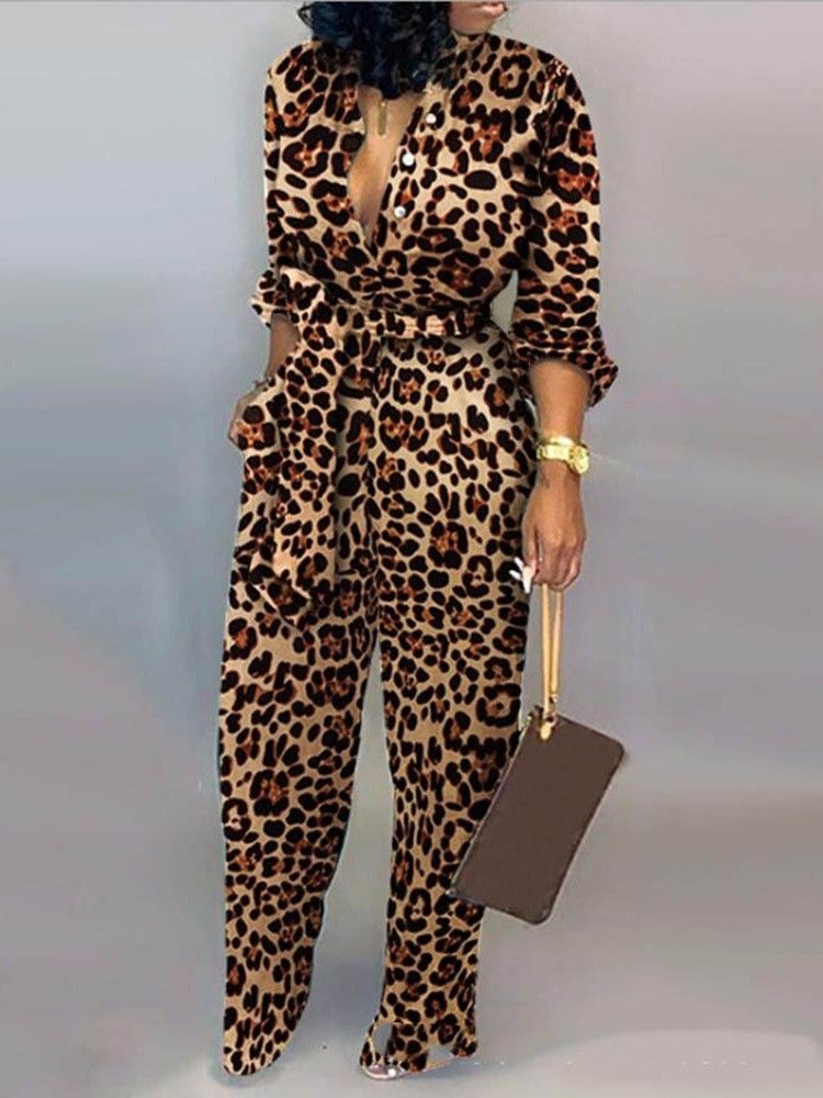 Uformell Leopard-Snøring Rett Midt Midje Jumpsuit For Kvinner