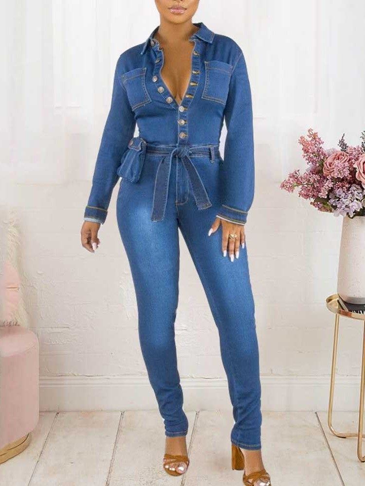 Vanlig Full Lengde Knapp Slim Blyantbukser Jumpsuit For Kvinner