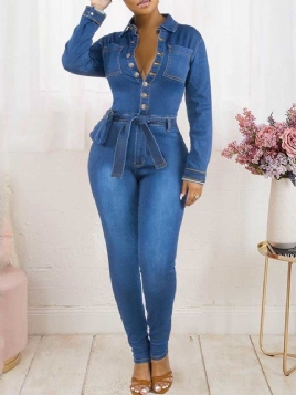 Vanlig Full Lengde Knapp Slim Blyantbukser Jumpsuit For Kvinner