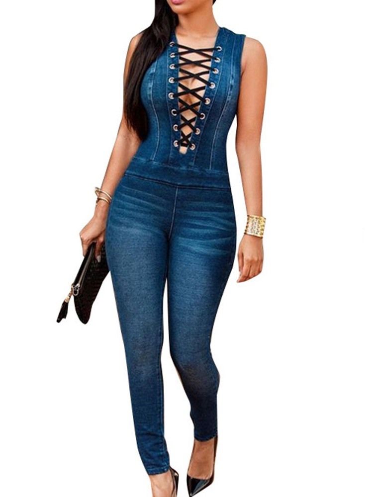 Vanlig Skinny Sexy Denim Jumpsuit