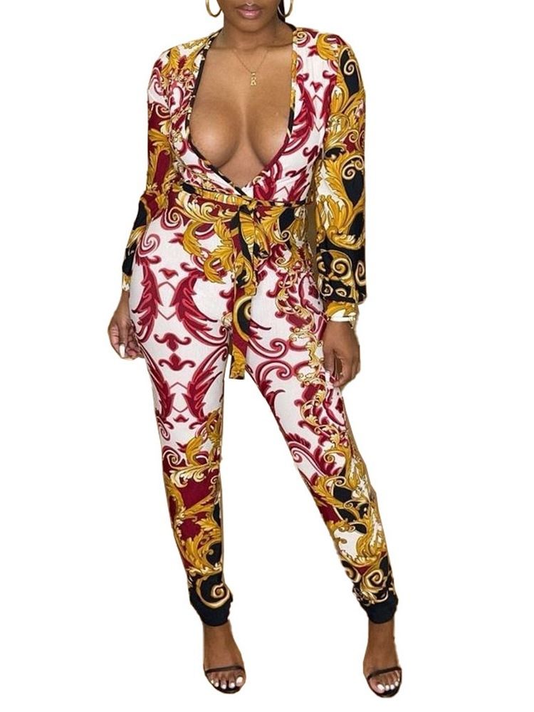 Western Print Full Lengde Mid Waist Skinny Jumpsuit For Kvinner