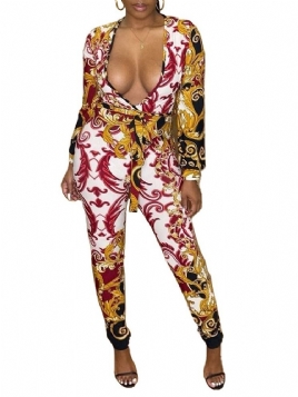 Western Print Full Lengde Mid Waist Skinny Jumpsuit For Kvinner