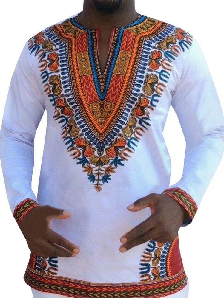 Afrikansk Mote Dashiki Print V-Hals Løs T-Skjorte For Menn