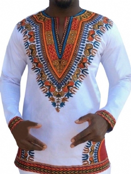 Afrikansk Mote Dashiki Print V-Hals Løs T-Skjorte For Menn