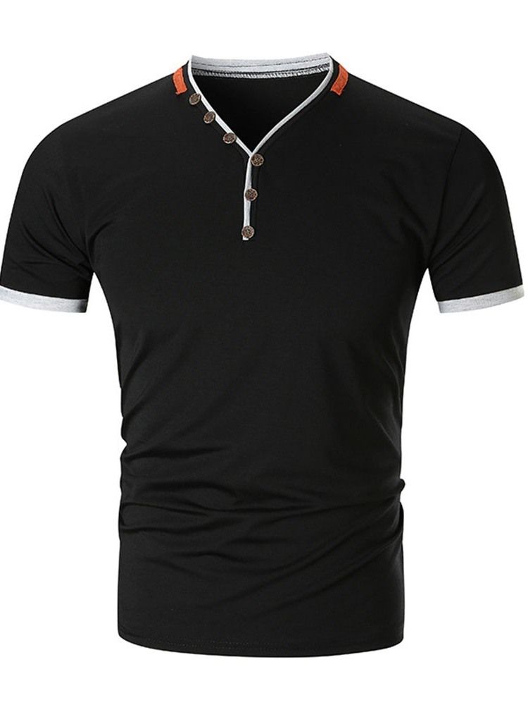 Button Color Block V-Hals Slim T-Skjorte For Menn