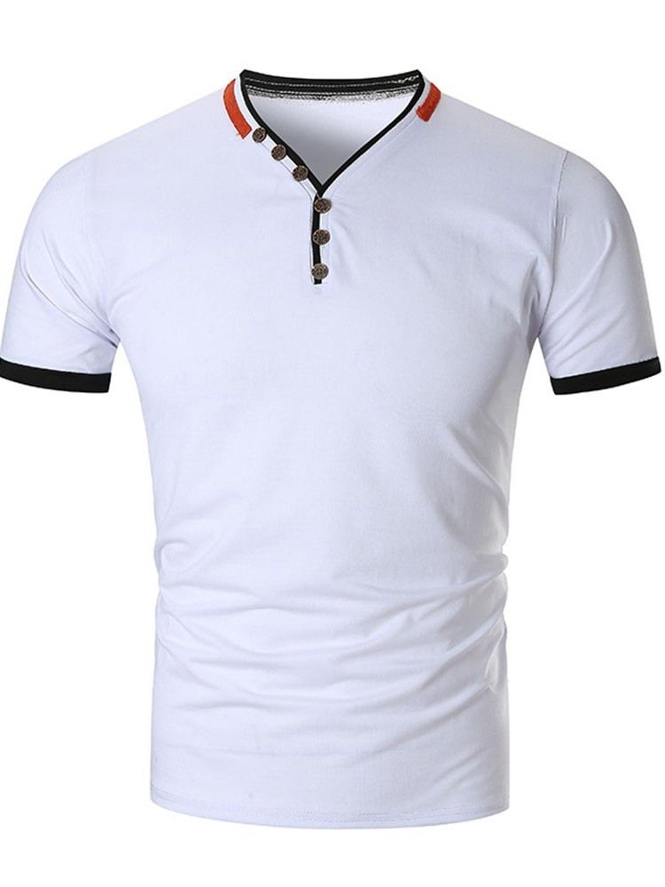 Button Color Block V-Hals Slim T-Skjorte For Menn