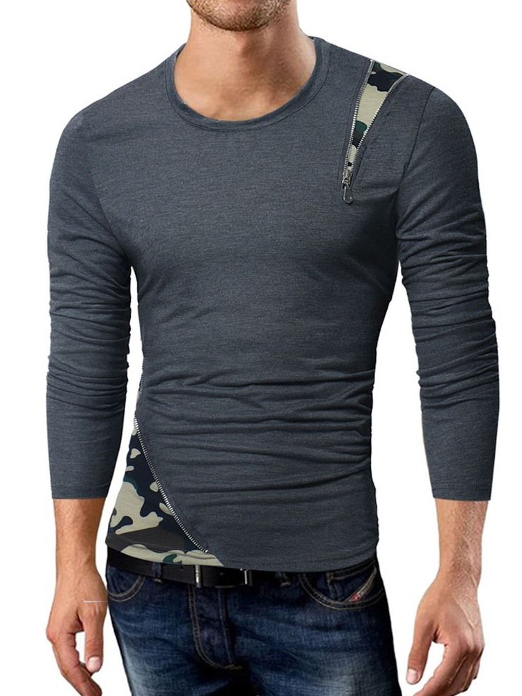 Camouflage Casual Patchwork Slank Langermet T-Skjorte