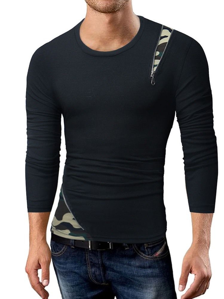 Camouflage Casual Patchwork Slank Langermet T-Skjorte