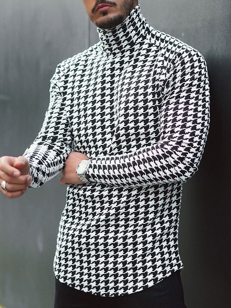 Houndstooth Uformell Turtleneck Slim Langermet T-Skjorte