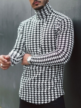 Houndstooth Uformell Turtleneck Slim Langermet T-Skjorte