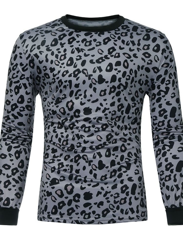 Mote Leopard Rundhals Langermet Stil Slank T-Skjorte For Menn