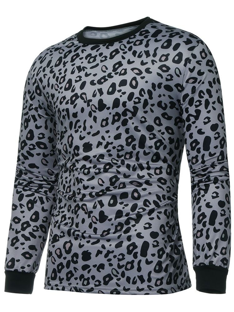 Mote Leopard Rundhals Langermet Stil Slank T-Skjorte For Menn