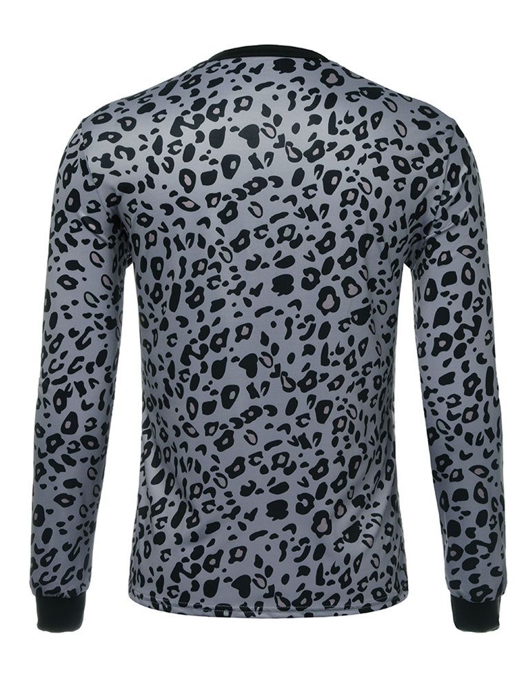 Mote Leopard Rundhals Langermet Stil Slank T-Skjorte For Menn