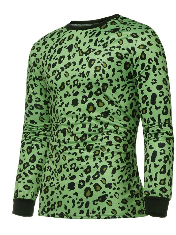 Mote Leopard Rundhals Langermet Stil Slank T-Skjorte For Menn