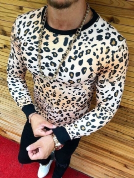 Mote Leopard Rundhals Langermet Stil Slank T-Skjorte For Menn