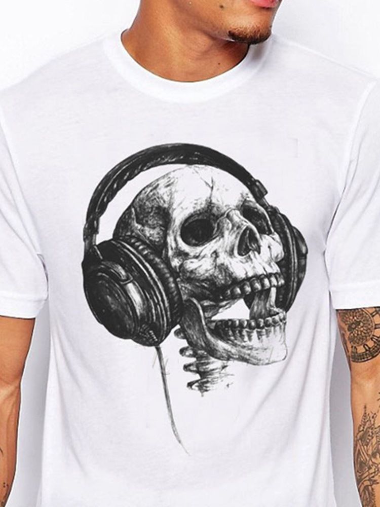 Print Casual Skull Kortermet Slim T-Skjorte For Menn