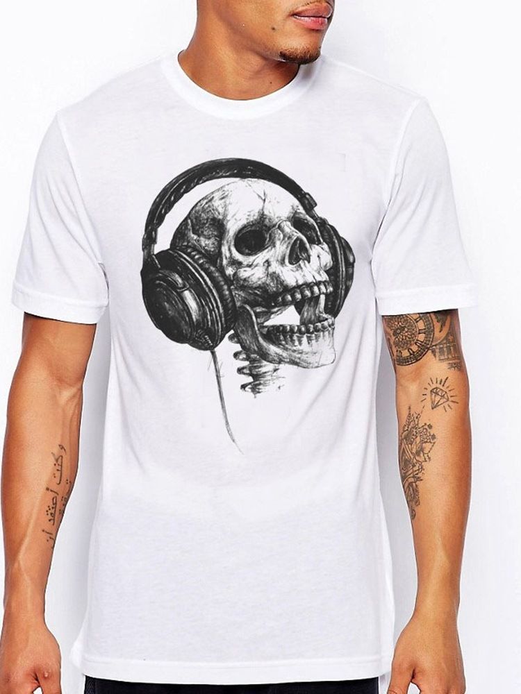 Print Casual Skull Kortermet Slim T-Skjorte For Menn