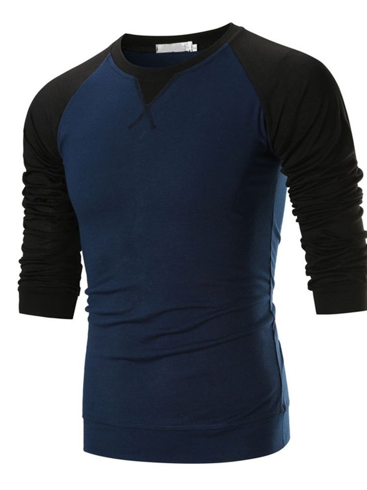 Rundhalset Casual Color Block Pullover Langermet T-Skjorte For Menn