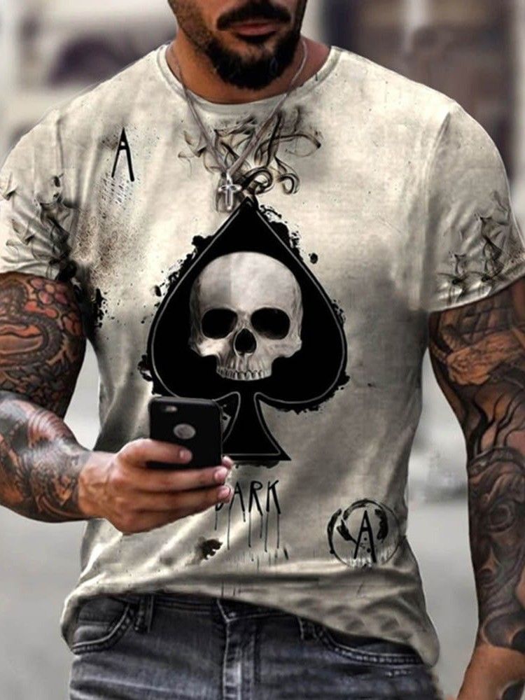 Skull Casual Print Løs Pullover T-Skjorte For Menn