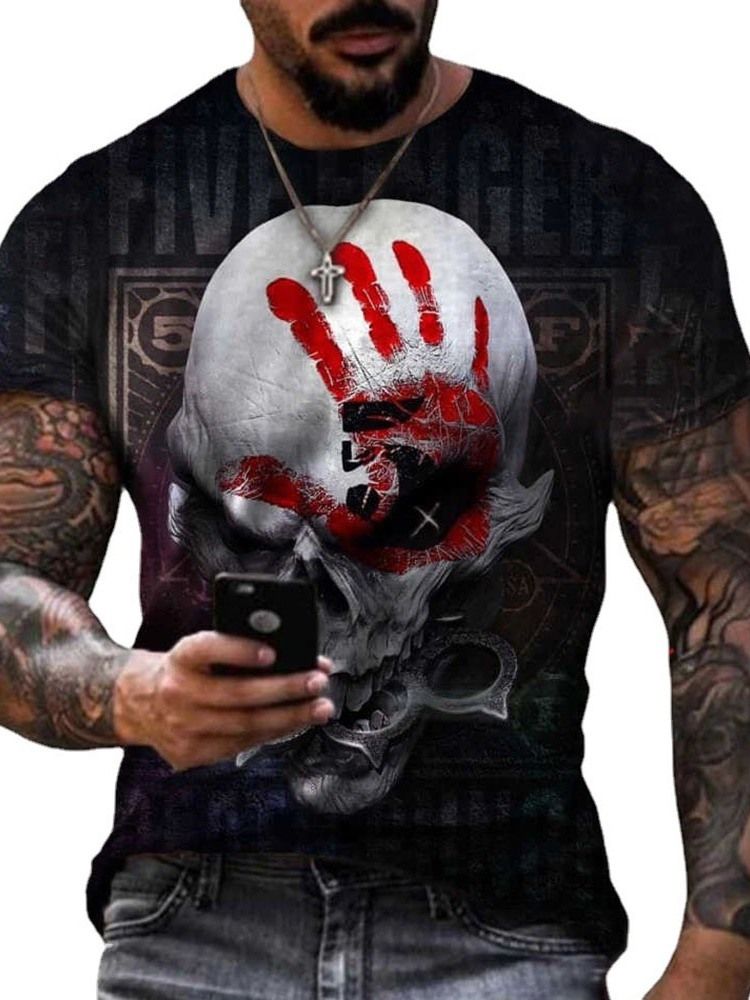 Skull Print Casual Løs Kortermet T-Skjorte For Menn