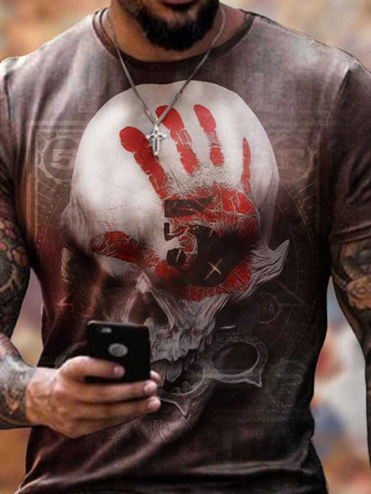 Skull Print Casual Løs Kortermet T-Skjorte For Menn