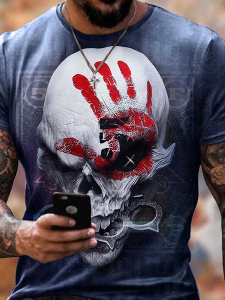 Skull Print Casual Løs Kortermet T-Skjorte For Menn