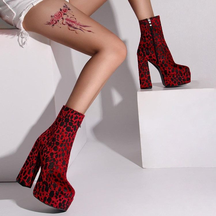 Rund Tå Leopard Chunky Heel Sexy Boots