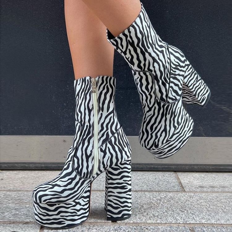 Rund Tå Zebra Chunky Heel Plattformstøvler