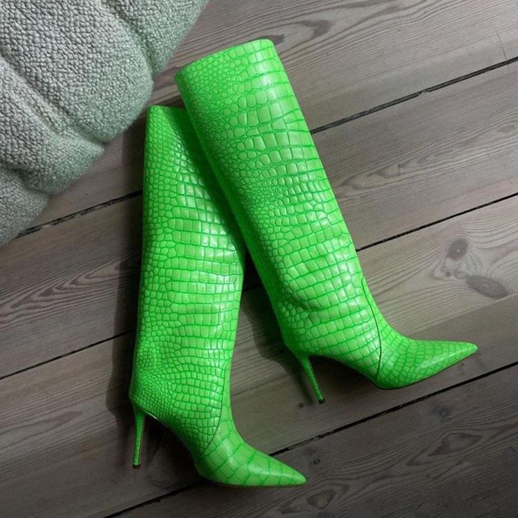 Slip-On Stiletthæl Spisse Tå Alligator Mønster Støvler