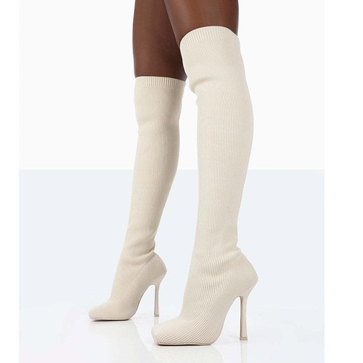 Square Toe Stiletthæl Slip-On Western Knee High Boots