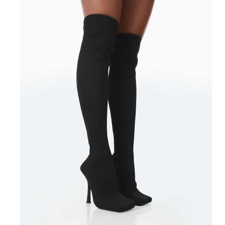 Square Toe Stiletthæl Slip-On Western Knee High Boots