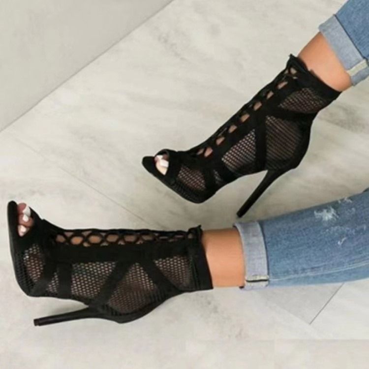 Vanlige Stiletthæl Peep Toe Mesh-Støvler