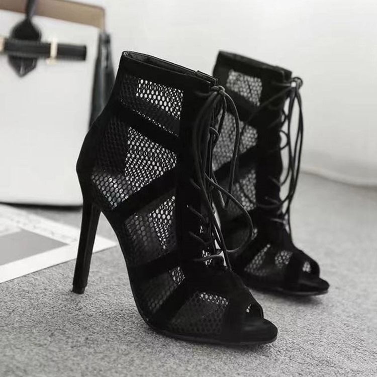 Vanlige Stiletthæl Peep Toe Mesh-Støvler