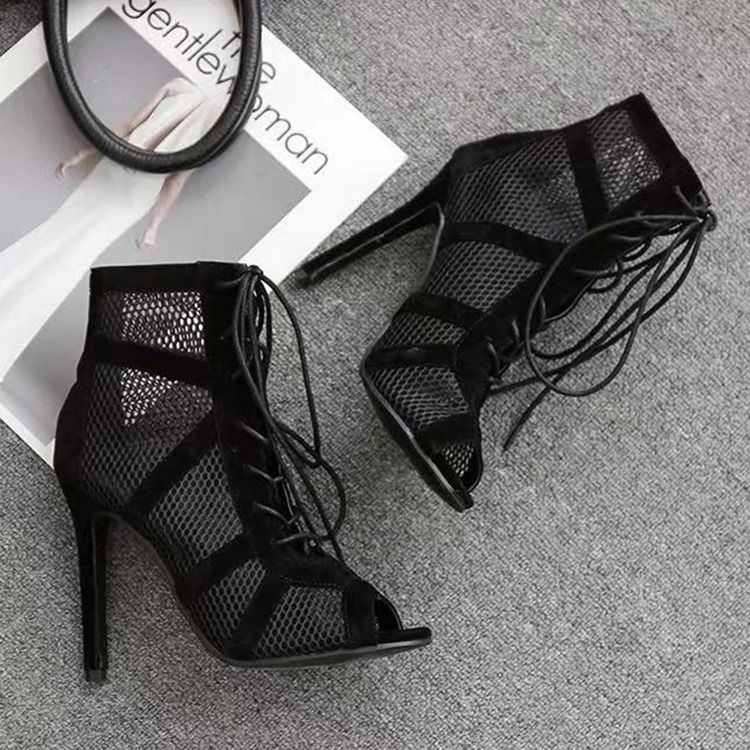 Vanlige Stiletthæl Peep Toe Mesh-Støvler