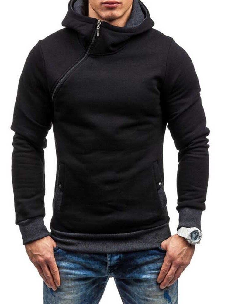 Kunstig Fleece Fargeblokk Glidelås Stil Menns Hettegensere