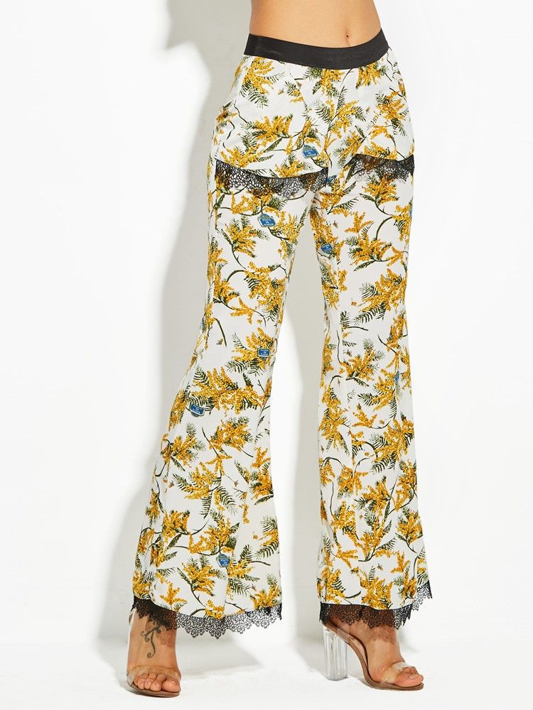 Blomstertrykk Full Lengde Bellbottoms For Kvinner