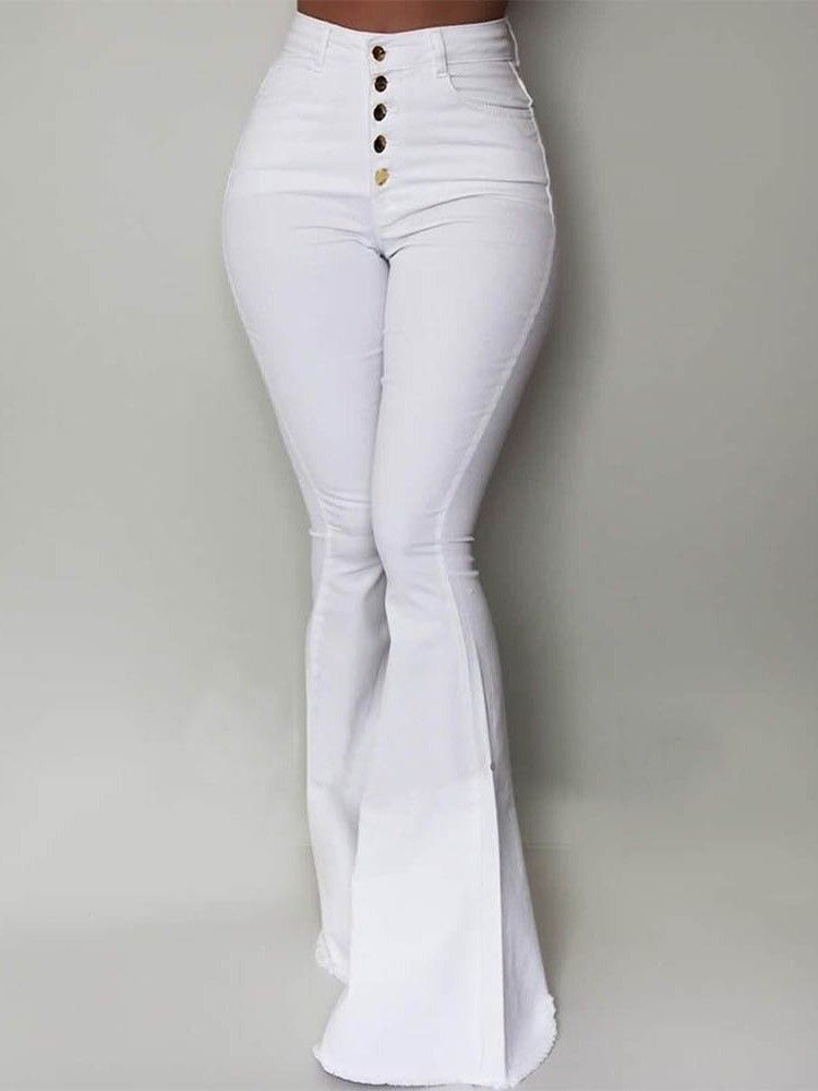 Button Slim Plain Bellbottoms Full Lengde Dame Casual Bukser