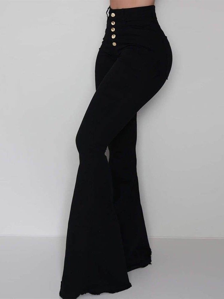 Button Slim Plain Bellbottoms Full Lengde Dame Casual Bukser