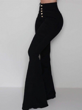 Button Slim Plain Bellbottoms Full Lengde Dame Casual Bukser