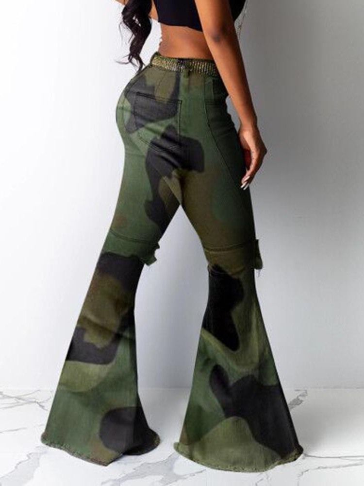 Camouflage Slim Hole Mid Waist Full Lengde Damebukser