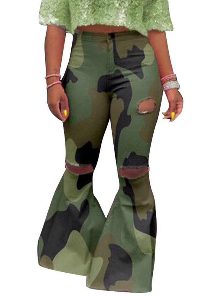 Camouflage Slim Hole Mid Waist Full Lengde Damebukser