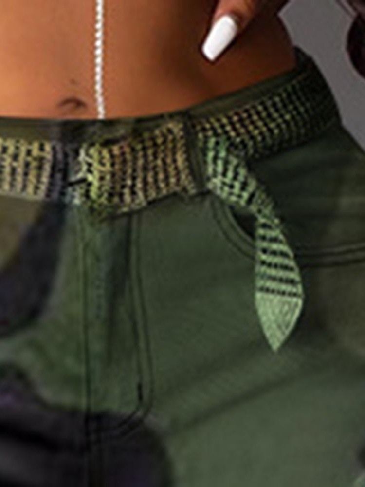 Camouflage Slim Hole Mid Waist Full Lengde Damebukser