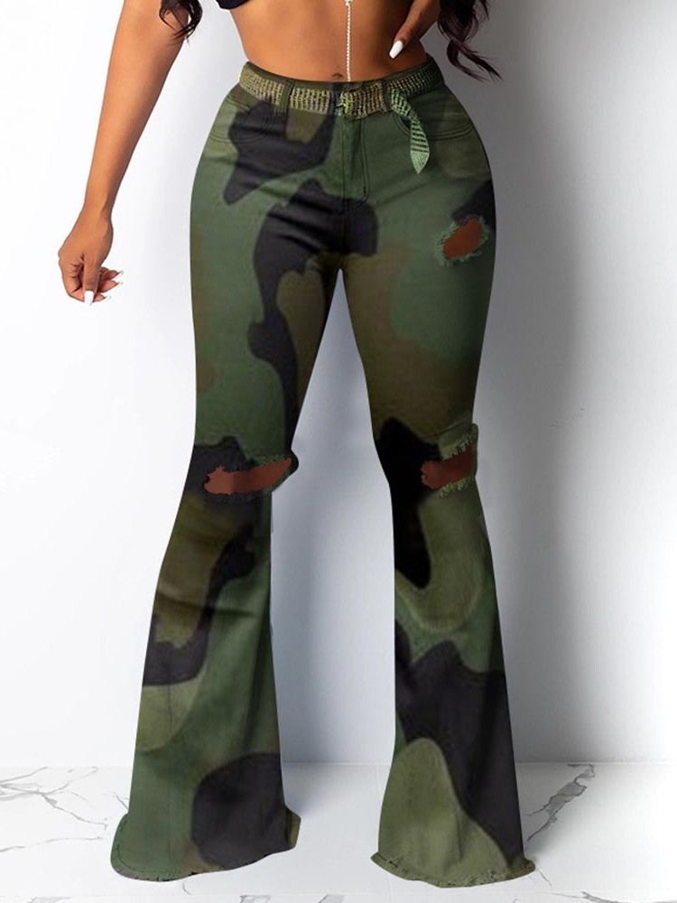 Camouflage Slim Hole Mid Waist Full Lengde Damebukser