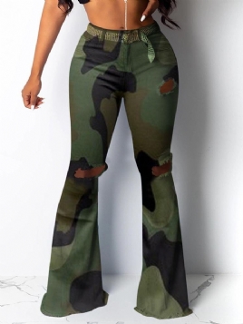 Camouflage Slim Hole Mid Waist Full Lengde Damebukser